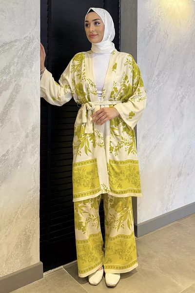 julude Oil Green Hijab Patterned Kimono Pants Double Set
