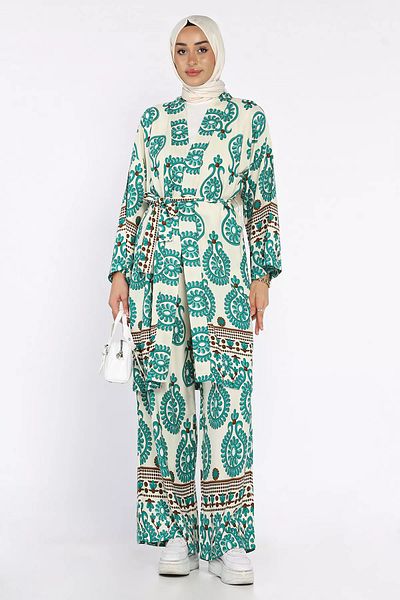 julude Green Patterned Hijab Kimono Pants Double Set