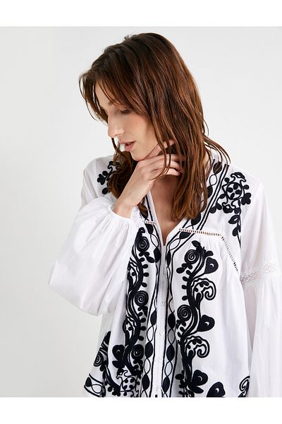 Koton White Women's V Neck Puff Sleeve Blouse