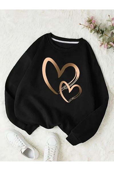 WOODROFFE Women's Gold Heart Printed Crew Neck Black Sweatshirt Oversize Casual