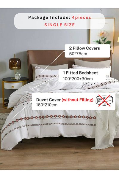 LUNA HOME Single size 4 pieces Bedding Set Without Filler, White Color Simple Elegant Design.