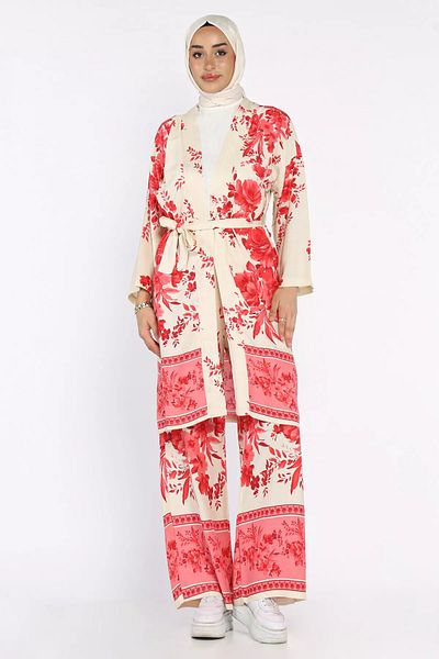 julude Fuchsia Hijab Patterned Kimono Trousers Double Set