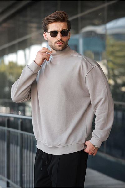 Madmext Painted Gray Half Turtleneck Men's Basic Sweatshirt E7158