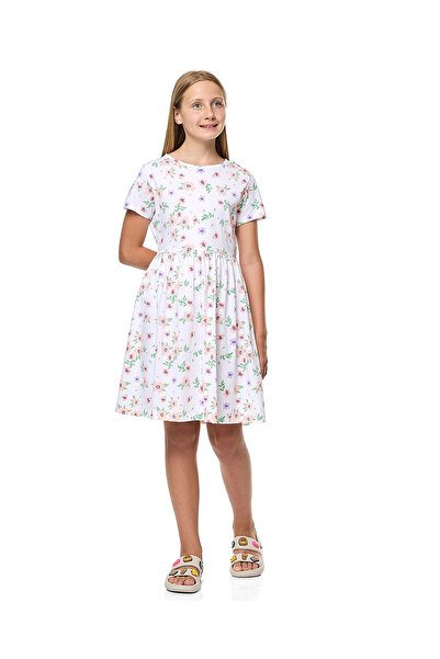 R&B Floral Print Fit and Flare Dress with Short Sleeves