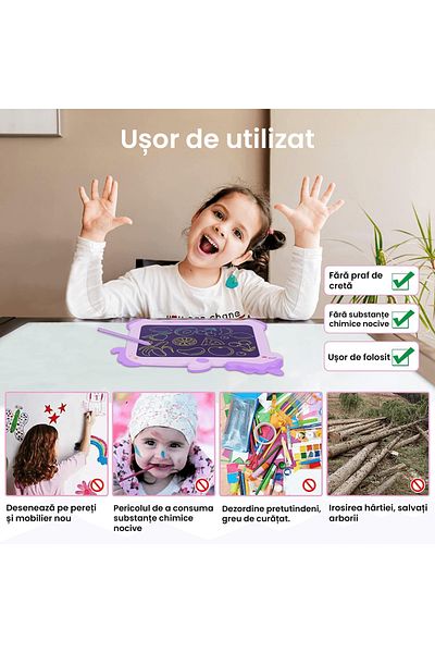 Elindor Tabletă LCD de desen și scris pentru copii, 8,5 inch, ecran color, model unicorn, violet