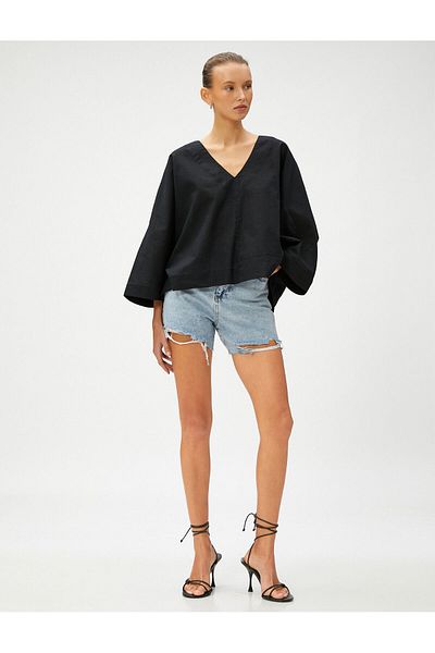 Koton Oversized Blouse Linen Blended V Neck