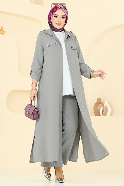 ModaMerve Aksesuar Düğmeli Sofia Takım 23017UKB139-MS Koyu Gri