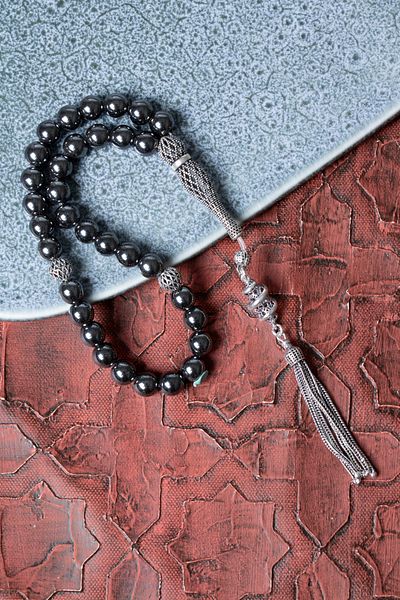 Saff Doğal Taş Certified Hematite 925 Sterling Silver Imameli Tassel Prayer Beads