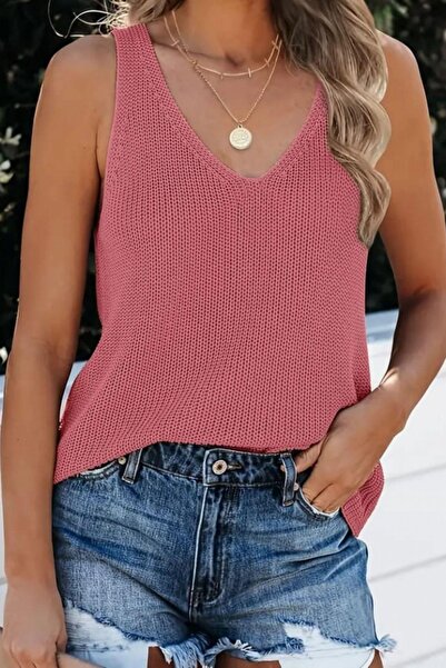 Mossta V-Neck Thick Strap Knitwear Blouse - Dusty Rose