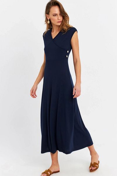 Cool & Sexy Women's Navy Blue Button Detailed Double Breasted Midi Dress Ey0011