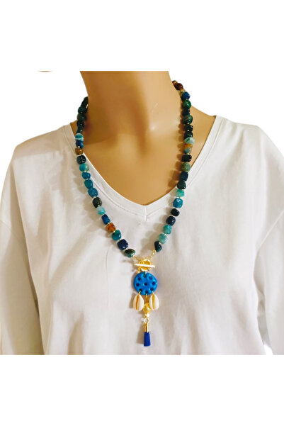 shop Marin Akik Taşı ve Süryani Taşı Detaylı Deniz Kabuklu Kolye – Altın Kapl...