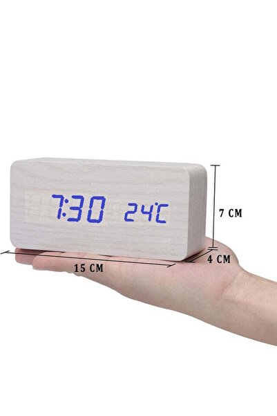 VTM White Digital Clock with Blue LED, Thermometer, Alarm, Voice Control, 3 Lights, 15x7x4 cm