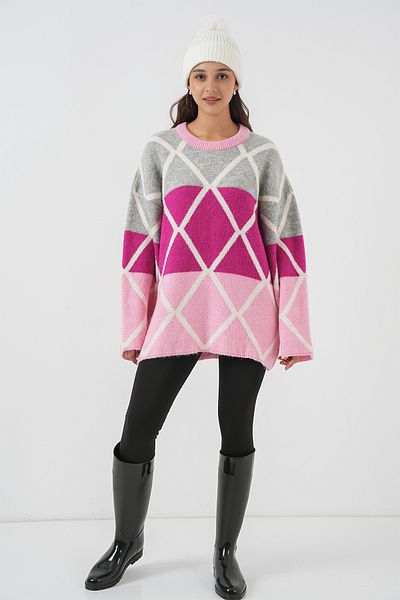 Bigdart Women's Diamond Patterned Oversize Long Sweater 15931 - Pink