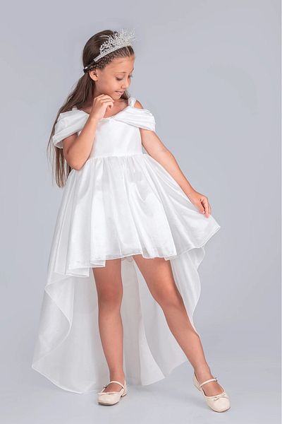 vestitino Girls' Chiffon Detailed Evening Dress-Off Shoulder, Long Tail