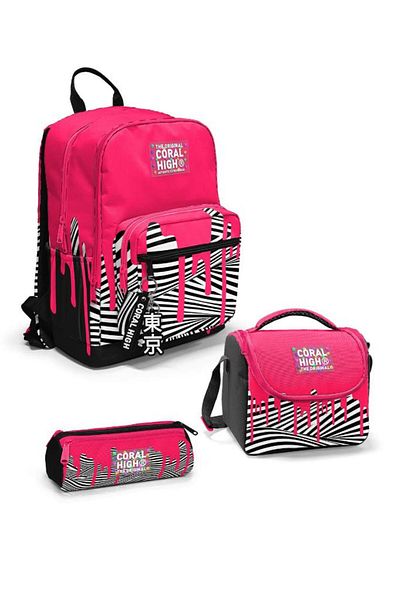 Coral High Goshopya Pink Black White Patterned 3-Piece School Bag Set Goset0123678