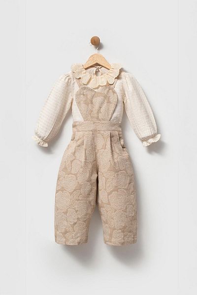 miabambim Heart Cut Front 2-Piece Girl's Jumpsuit Set Beige