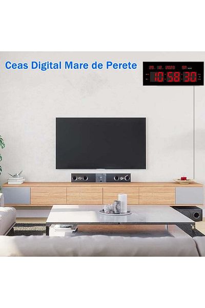 VTM Ceas Digital cu LED Rosu, Cronometru, Calendar, Alarmă, Timer, 32x12cm, Luminozitate Ajustabilă
