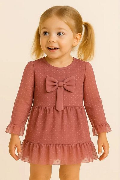 Yumurcak Girls Long Sleeve Bow Detail Ruched Evening Dress, Rib Kids
