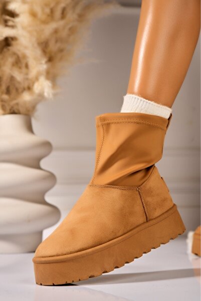 Joana Γυναικείες μπότες Camel με επένδυση γούνας από οικολογικό σουέτ Anjela