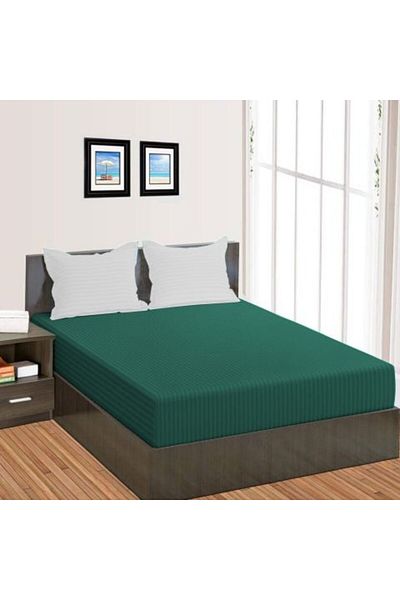 HomePuls Bed Sheet with Elastic Damask Polycotton Striped 1 cm, 190 x 250 cm for Mattress 140 x 200 cm, Green