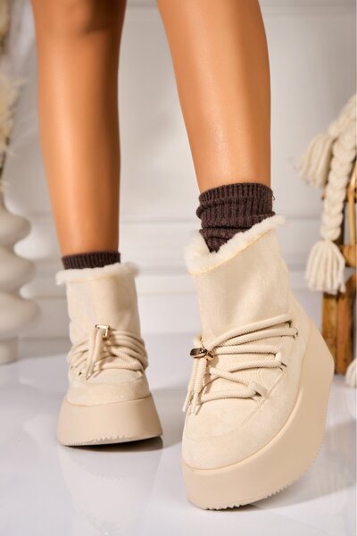 Joana Cizme Dama Imblanite Bej din Piele Ecologica Intoarsa Rokaya