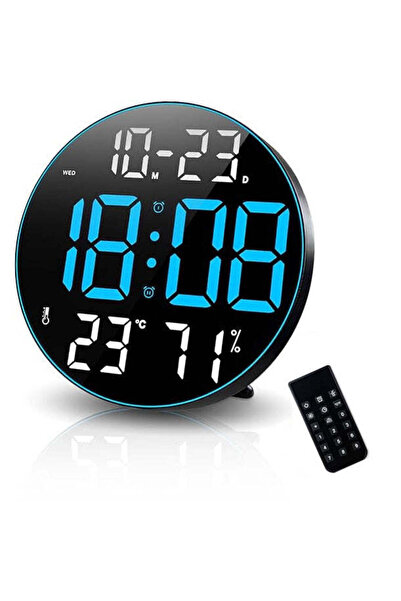 VTM Round Digital Clock with Blue LED, Calendar, Thermometer, 2 Alarms, Snooze, Remote Control, 30cm