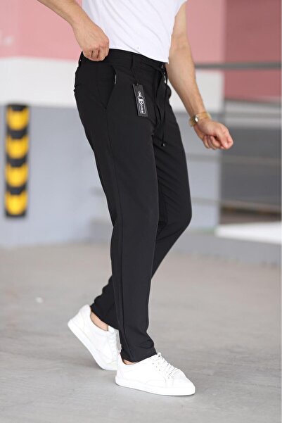 Bürke Ανδρικό παντελόνι με μαύρο χρώμα μέσης μισό ελαστικό με κορδόνια Άνετο ελαστικό παντελόνι Lycra