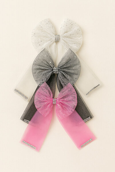 ESİLA KİDS Kız Çocuk Toka Simli Taşlı Tül Fiyonk Toka 3'lü Set Renkli ve Parl...