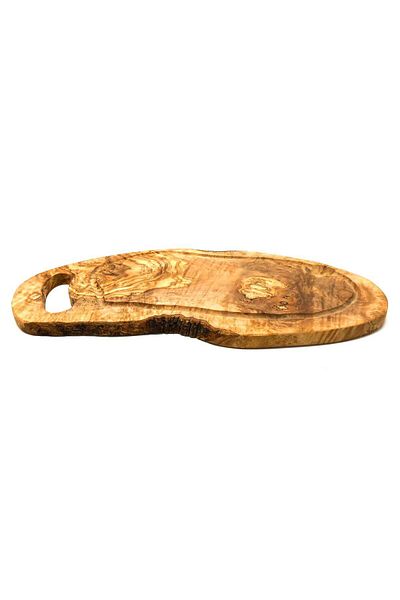 OEM Olive wood chopping board with inner handle and channel, rustic shape 45-49cm