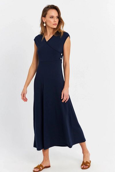 Cool & Sexy Women's Navy Blue Button Detailed Double Breasted Midi Dress Ey0011