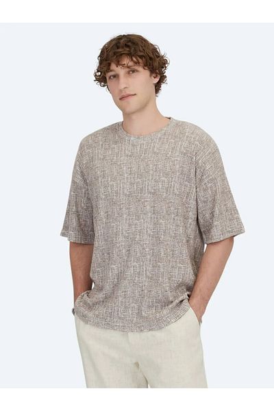 Kip Anthracite Printed Crew Neck Cotton Blend T-Shirt