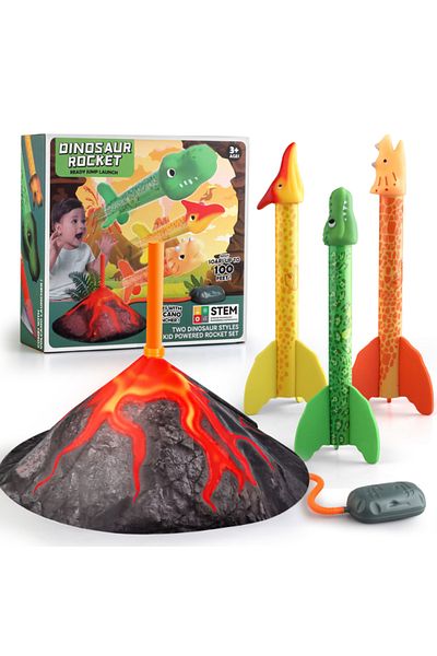 LUDIRO Set Rachete Dinozaur cu Lansator Vulcan LUDIRO, 3 Rachete din Spuma, Lansare pana la 30m, 25x25cm