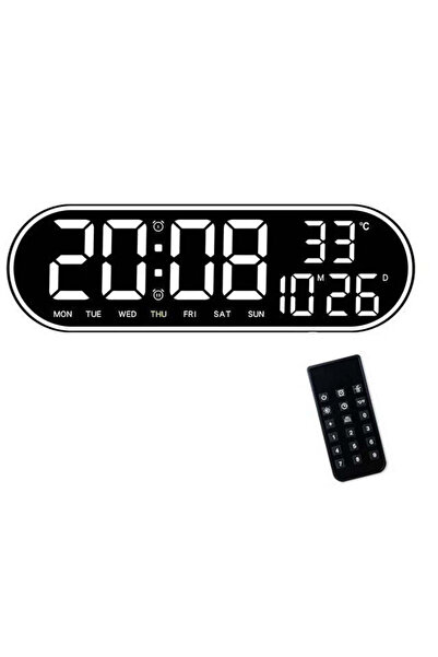 VTM Oval Digital Clock with White LED, Calendar, Stopwatch, 2 Alarms, Thermometer, Remote Control, 38cm