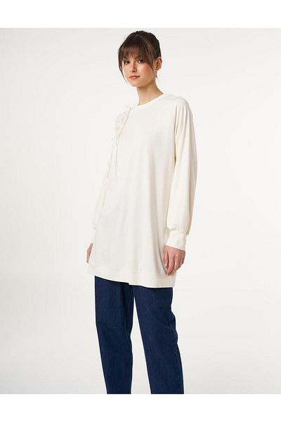 Kayra Ribbed Crew Neck Combed Cotton Tunic Ky-B25-70031 - Ecru