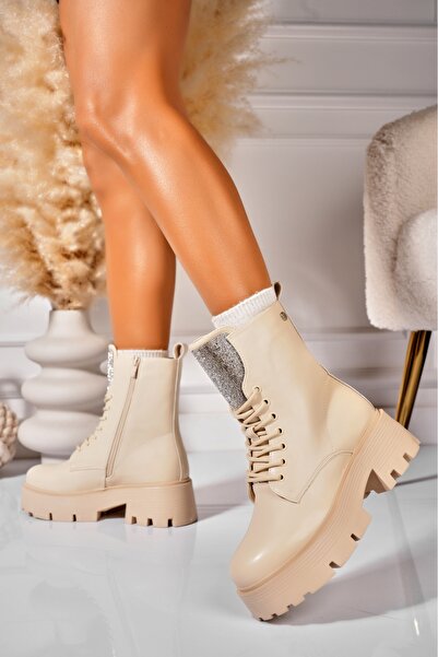 Joana Γυναικείες μπεζ μπότες με επένδυση γούνας από οικολογικό δέρμα Neoma