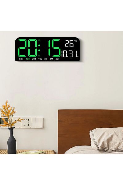 VTM Ceas Digital Verde cu LED, Calendar, Cronometru, Alarma, Snooze, 24x9cm