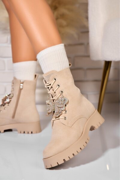 Joana Γυναικείες μπεζ μπότες με επένδυση γούνας από οικολογικό δέρμα Pella Suede