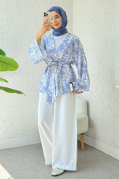 Salih Çelebi Daisy Pattern Belted Kimono 2375 - Blue