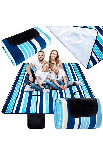 SERSIMO Picnic or beach blanket, with insulating foil and handle, 200x200cm, white blue