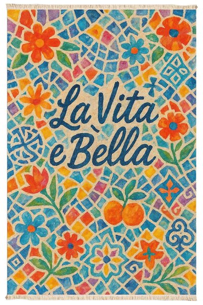 Markaev La Vita e Bella Mozaik Akdeniz Temalı Baskılı Dokuma Taban Halı 271 YNG