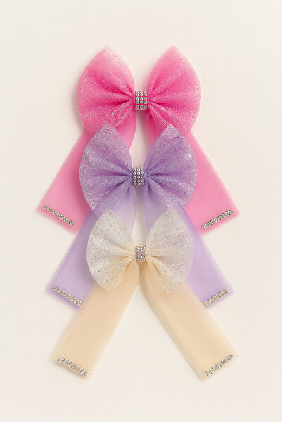 ESİLA KİDS مشبك فيونكة من التول المرصع بالجواهر اللامعة للفتيات، مجموعة من 3 قطع بتصميم ملون ولامع