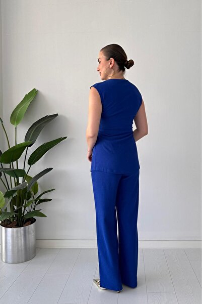 MaziButik Side Buckle Seersucker Suit Saks Blue