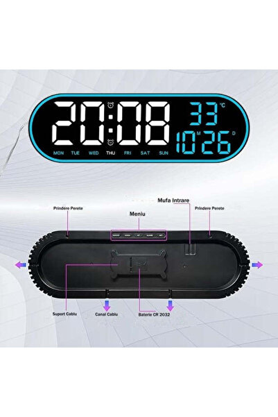 VTM Oval Digital Clock with Blue LED, Calendar, Stopwatch, 2 Alarms, Thermometer, 38cm