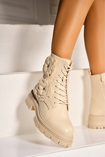 Joana Γυναικείες μπεζ μπότες με επένδυση γούνας από οικολογικό δέρμα Tiyona