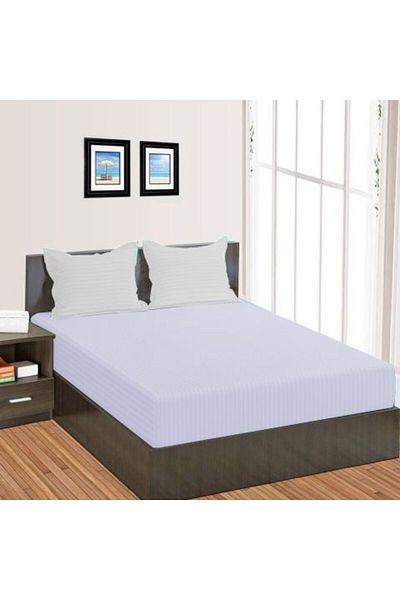 HomePuls Cearsaf de pat cu elastic Damasc Policoton dunga 1 cm, 230 x 250 cm pentru saltea 180 x 200 cm, Alb