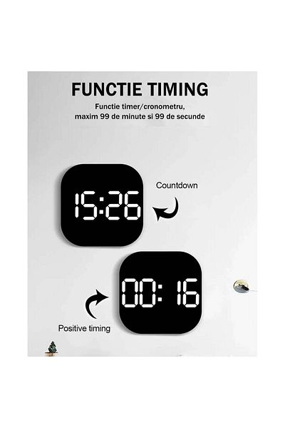 VTM Ceas Digital de Perete cu LED Alb, Calendar, Cronometru, Alarmă, Snooze, 32x32cm