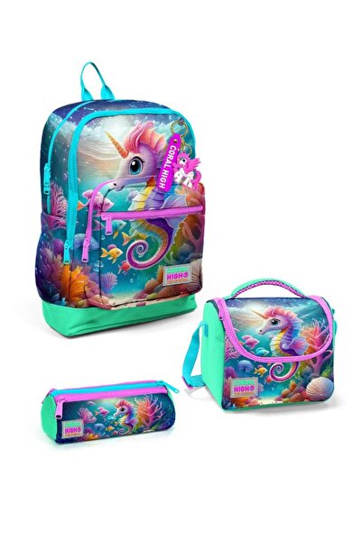 Coral High GOSHOPYA Mavi Su Yeşili Denizatı Desenli 3’lü Okul Çanta Seti GOSE...