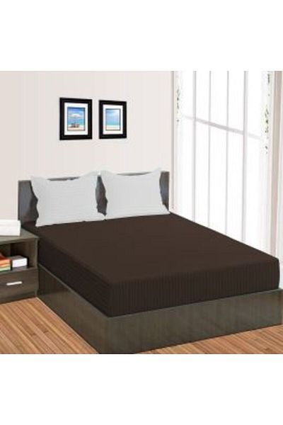 HomePuls Bed Sheet with Elastic Polycotton Damask 1 cm Stripe, 210 x 250 cm for 160 x 200 cm Mattress, Brown