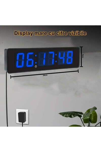 VTM Ceas Digital de Masa si Perete cu LED Albastru, Cronometru, Timer, Alarma, 34x9cm