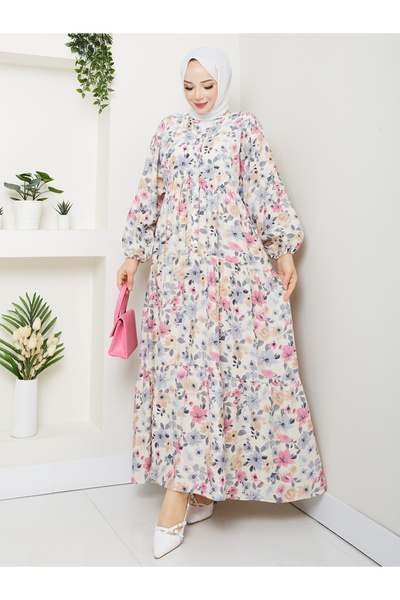 KMKkombin KADIN YAZLIK TREND DESEN MANGO KUMAŞ DÜĞMELİ ELBİSE